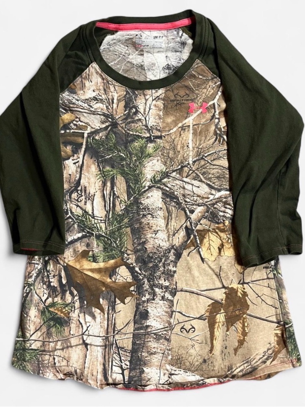 Under Armour Olive Green Raglan Camo Long Sleeve Tee with Pink Logo